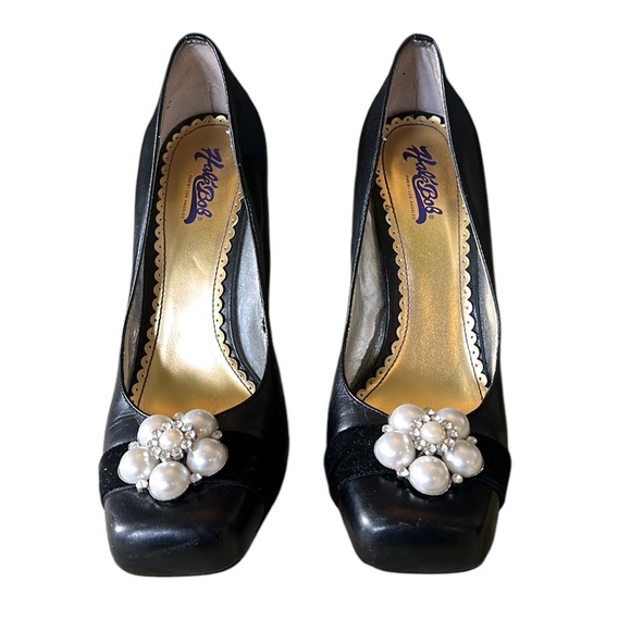 Hale Bob Black Leather Embellished Rhinestone Pearl Square Toe Chunky Heels - 8 - Picture 4 of 16
